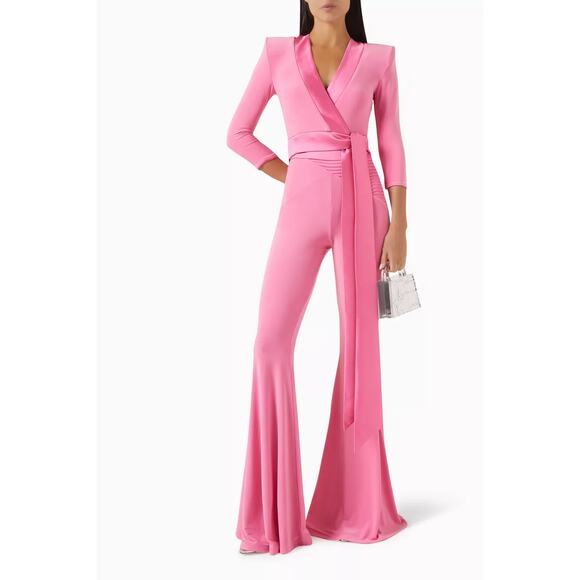 NWT Zhivago Idunn Jersey Surplice V-Neck Flare Leg Jumpsuit Pink Women's US 6 - Picture 1 of 8